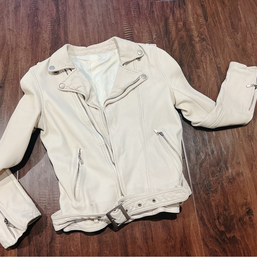 Vintage style Ivory Soft White Lamb Leather Motorcycle Biker Jacket XS